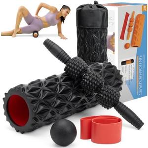 5 in1 Foam Roller Set, Trigger Point Foam Roller, Massage Roller Stick, Massage Ball, Resistance Band for Deep Muscle Massage Pilates Yoga,Fitness Exercise for Whole Body (Pure Black)