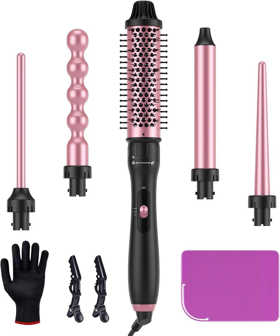 LANDOT 5-in-1 Curling Iron Wand & Thermal Brush Set: Create a Salon Blowout, Bouncy Curls, Waves & Tight Spirals with Interchangeable Barrels (9-32mm) & 38mm Heated Round Brush for All Hair Types LANDOT 5-in-1 Curling Iron Wand & Thermal Brush Set: Create a Salon Blowout, Bouncy Curls, Waves & Tight Spirals with Interchangeable Barrels (9-32mm) & 38mm Heated Round Brush for All Hair Types