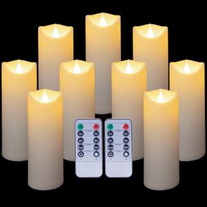 Enido 9 Pc Flickering Flameless LED Candles with Remote Timer for Romantic Ambiance and Home Decoration Battery Operated Pillar with 3D Flame (D: 2.2 x H: 5, 6, 7)