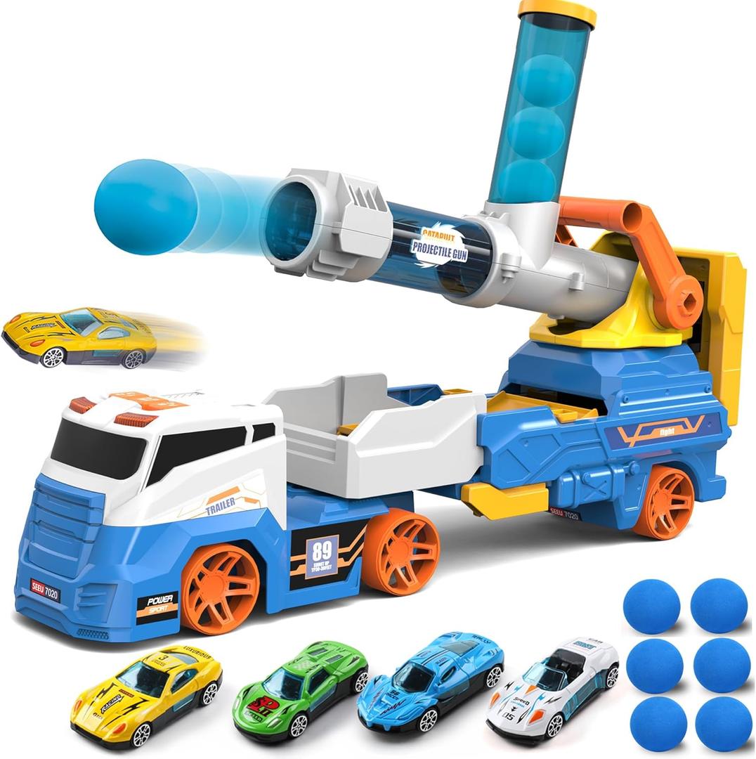 Dwi Dowellin Truck Toys Kids Toys, 28"Carrie Truck Race Track Car Toys Include 4 Race Cars+6 Soft Balls, Light&Sound, Eejection&Shooting Transport Trucks Toy, Xmas Gifts for Toddlers 3+ Year Old-Blue
