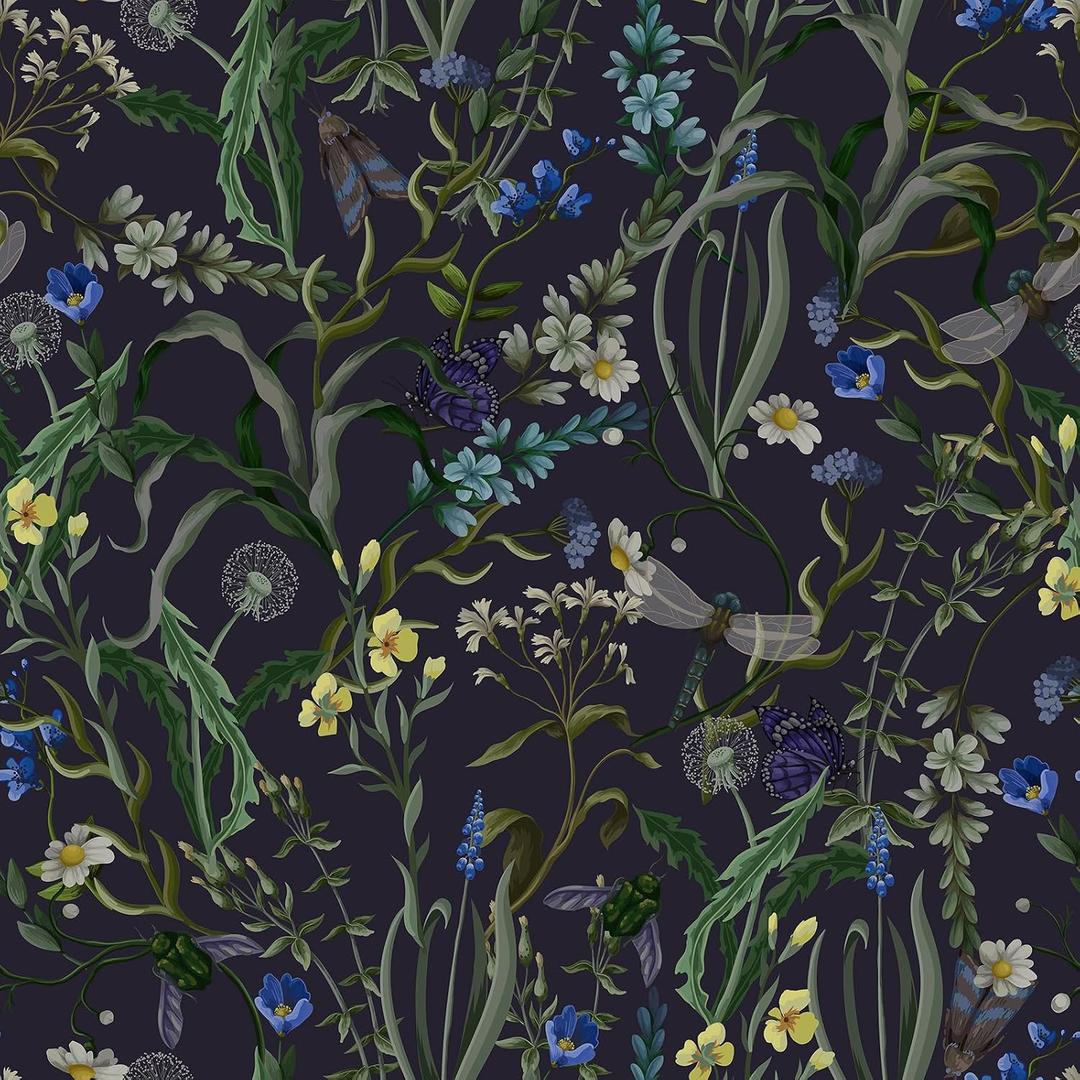 CRE8TIVE 24"x118" Wildflowers Floral Peel and Stick Wallpaper Dandelion Dragonfly Butterfly Wallpaper Removable Self Adhesive Dark Blue Contact Paper for Bedroom Bathroom Living Room Dressers Shelves