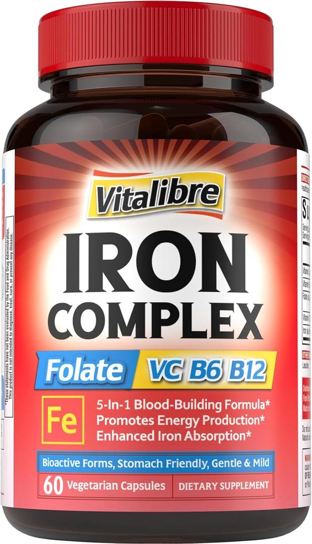 Iron Supplement for Women & Men, with Vitamins C, B6, B12 & Folate for Iron Deficiency, Blood Building & Energy Support, Stomach Friendly, Better Absorption, Non-GMO, No Gluten, 60 Vegan Caps (EXP. DATE 02/2028)