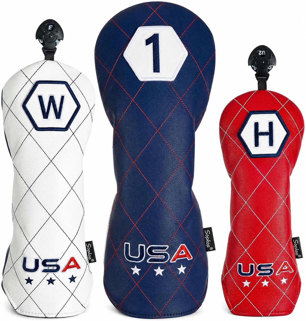 USA Golf Headcovers Set, Driver Head Covers Fairway Wood Headcover Hybrid Head Cover of Hand-Embroidery Techniques,Colors of American Flag, for Men Women Golf Enthusiast (1/3 Pack)