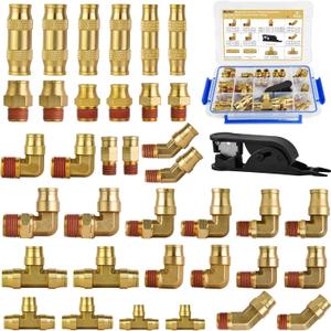 MuHize 37PC DOT Air Brake Fittings - Premium 1/8" 1/4" 3/8" 1/2" Brass Push-to-Lock Connectors & NPT, No-Tool Leak-Proof 250 PSI for Semi Truck, Trailer & RV Emergency Repair