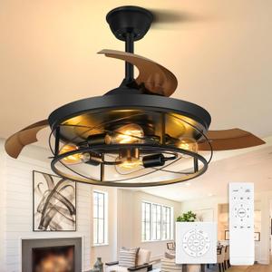 42Inch Retractable Ceiling Fans with Lights Remote Control Caged Industrial Farmhouse Ceiling Fans Rustic Black Ceiling Fan for Living Room Bedroom Patio Kitchen