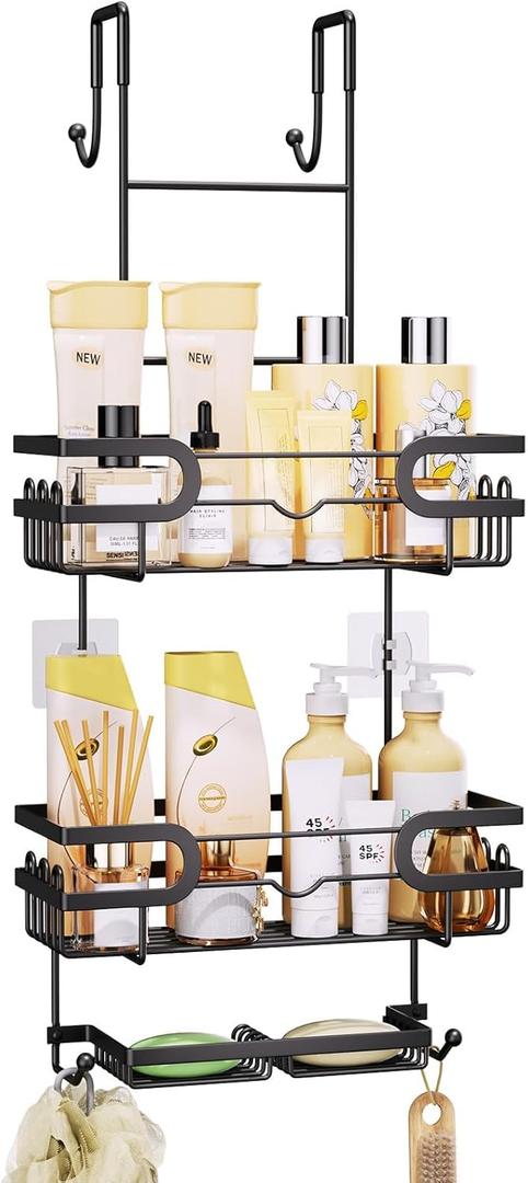 SWTYMIKI Over the Door Shower Caddy Hanging with Double Soap Holder, Hanging Shower Organizer with 16 Hooks, No Drilling Shower Shelves Over Door, Bathroom Rack and Storage, Black