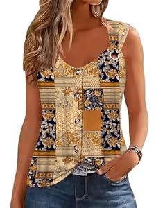 ETCYY Summer Tank Tops for Women 2025 Loose Fit Spring Outfits Lace Striped Tee Button Down Sleeveless T Shirts, Plaid Yellow, Small