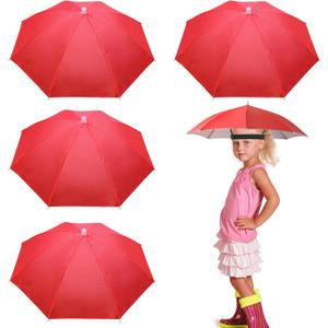 4 Pack Umbrella Hats, 20.5" Hands-Free Head Umbrealla Hats for Kids, Folding Waterproof Umbrella Cap With Head Strap for Outdoor Party Fishing Sun Rain Beach Golf Hiking (Red)