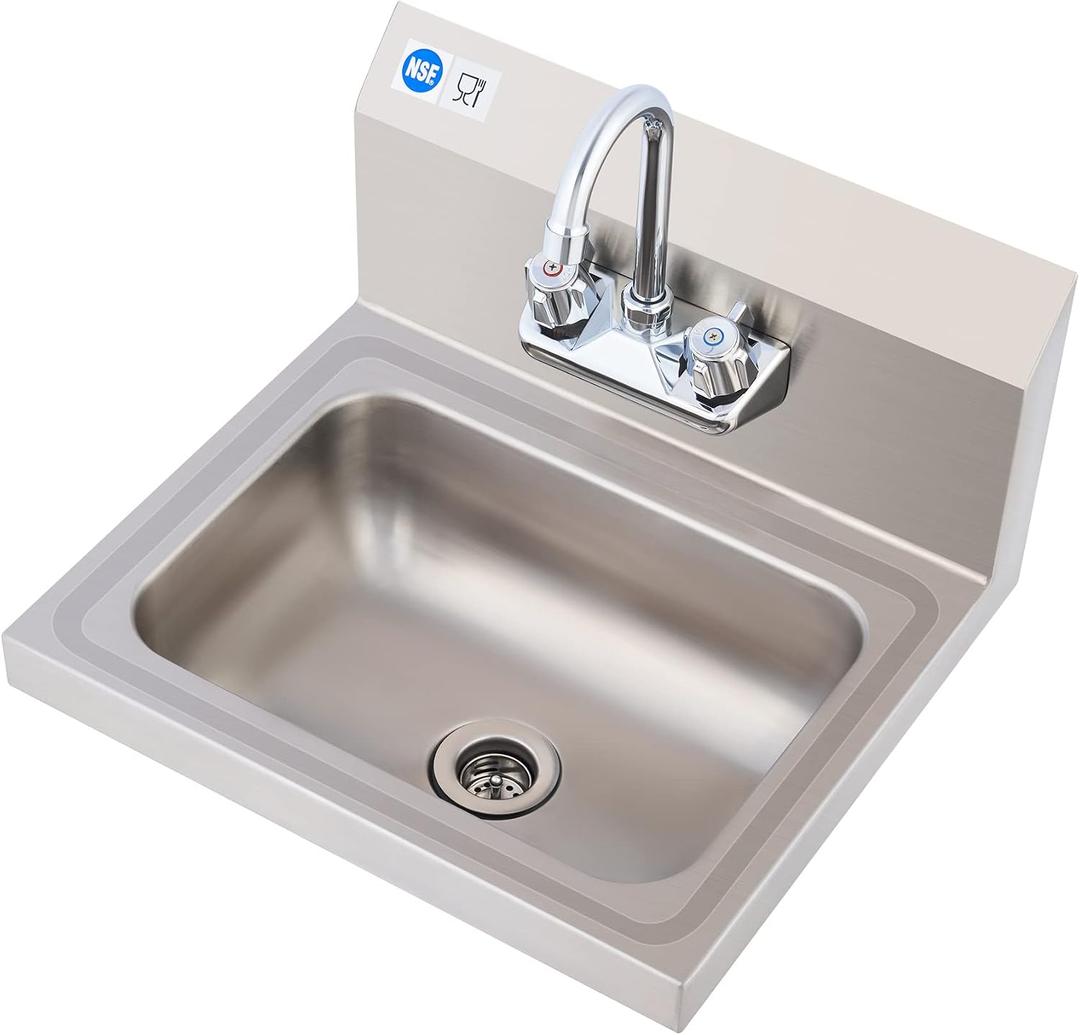 WILPREP Hand Sink Commercial Stainless Steel Sink for Washing, NSF Utility Sink with Gooseneck Faucet, Wall Mount Kitchen Sink for Restaurant Bar RV Bathroom Laundry Room (17 x 15 Inches), 13.8 X 9.8 X 5 Inches
