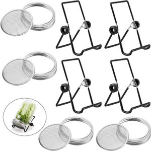 Sprouting Lids Growing Kit - 316 Stainless Steel Sprouting Lids for 86mm Wide Mouth Mason Jar with Adjustable Stands - Organic Sprouts, Broccoli, Alfalfa Mung Bean Sprout Kit (Set of 4)