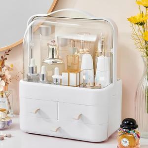 Makeup Organizer and Storage for Vanity with Lid and Drawers, Waterproof and Dustproof Portable Skincare Cosmetics Boxes, Makeup Caddy Holder for Vanity Countertop, Bathroom, Dresser-All White