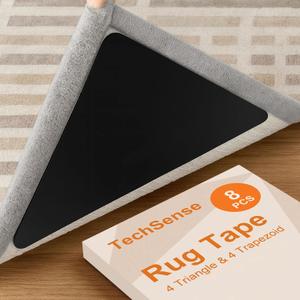 Rug Pad Grippers for Hardwood Floors, 8 PCS (4 Triangle + 4 Trapezoid) Anti Curling Non Slip Carpet Gripper Washable Reusable PU Pads for Corners & Edges, Black