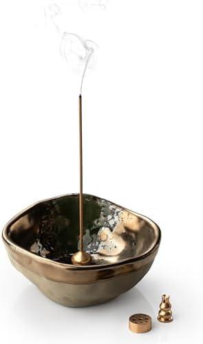 KOKUNKA 4.25 Inch Incense Holder, Ceramic 4 in 1 Incense Burner, Incense Holder for Sticks with 3 Incense Sockets, Modern Insence-Stick Holder for Bulk Incense, Palo Santo, Gold
