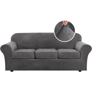 H.VERSAILTEX 4 Pieces Thick Velvet Sofa Covers Couch Covers for 3 Cushion Couch Sofa High Stretch Slipcovers Furniture Protector Form Fit Luxury Couch Cover for Dogs Width Up to 90 Inch(Sofa,Grey) (3 Cushion Sofa)