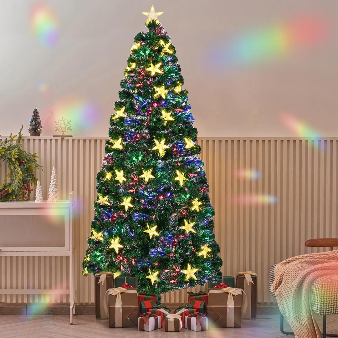 Juegoal 7ft Pre-Lit Artificial Christmas Tree, Lighted Optical Fiber Xmas Trees with Warm White Large Stars & Color Changing Optical Fiber Lights, Party Home Holiday Green Fake Tree with Metal Legs