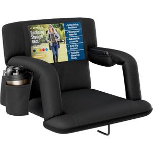 Alpcour Reclining Stadium Seat  Wide Bleacher Chair with Back Support and Cushion, Armrests, Side Pockets, and Bleachers Hook  Best Stadium Seats Chairs for Camping, Kayak, & Paddle Board Backs (Black)
