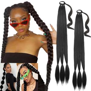 2PCS Long Black Braided Ponytail Extension, 32 Inch Straight Wrap Around Hair Extensions, DIY Braid Ponytail, Natural Soft Synthetic Hair Piece