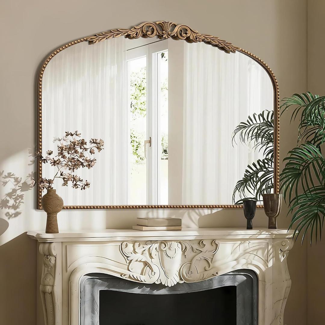 Besdomus Gold Large Fireplace Mirror: 48"x33" Baroque Vintage Arched Mirror