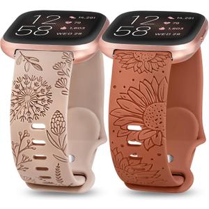 Minyee 2 Packs Floral Engraved Band Compatible with Fitbit Versa 2/Fitbit Versa/Versa Lite Bands Women, Cute Soft Silicone Sunflower Dandelion Sport Designer Fancy Summer Strap for Versa 2 Smart Watch