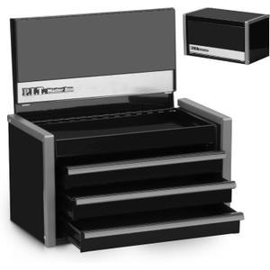 P.I.T. Mini Black Tool Box, Portable 3 Drawer Steel Stackable Tool Box with Magnetic Tab Locking, Black Micro Top Chest with Liner for Tools Storage and Organizers, Home DIY