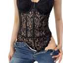 Women Spaghetti Strap Lace Mesh Spliced Bodysuit Sheer Elastic Slim Top, Size: M