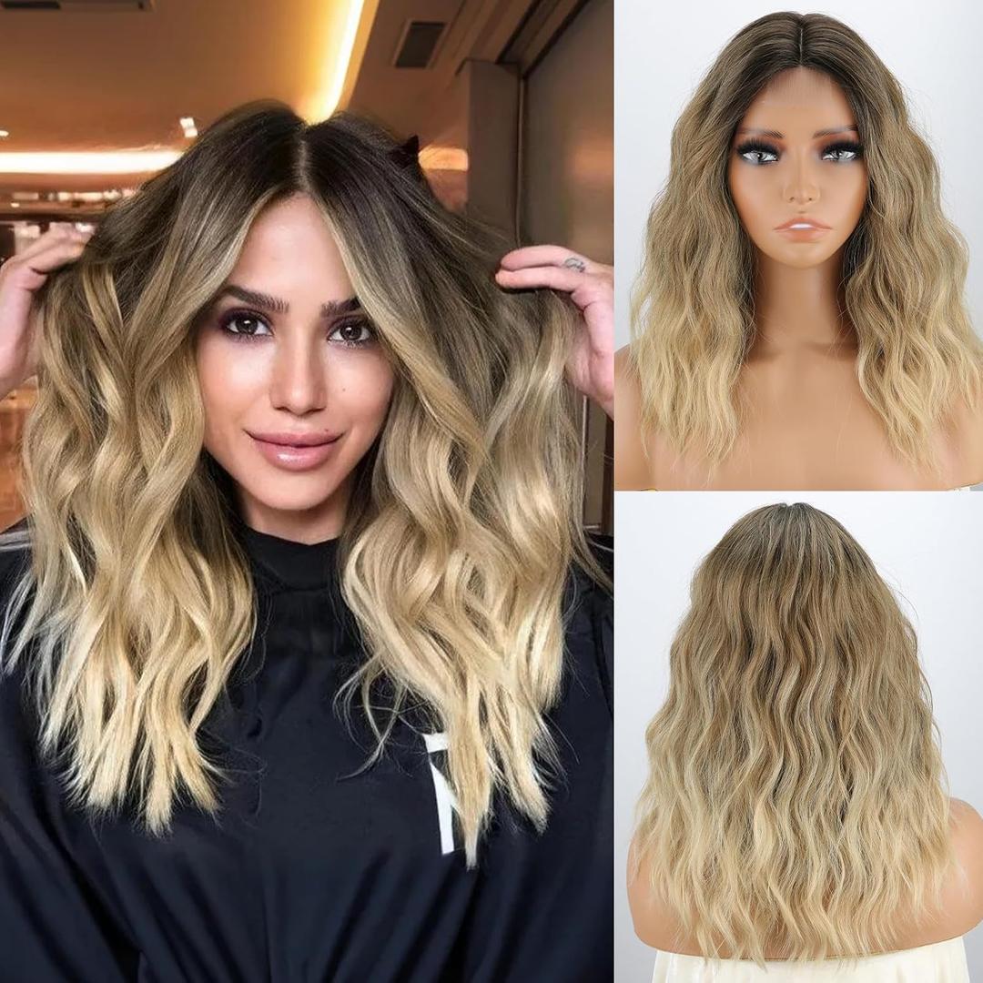 MISSQUEEN Medium Length Ombre Blonde Wavy Wig Short Curly Blond Wig for Women Synthetic Middle Part Heat Resistant Fiber Blonde Hair Wigs for Everyday Hairstyle Party Use (Brown Omber Blonde)