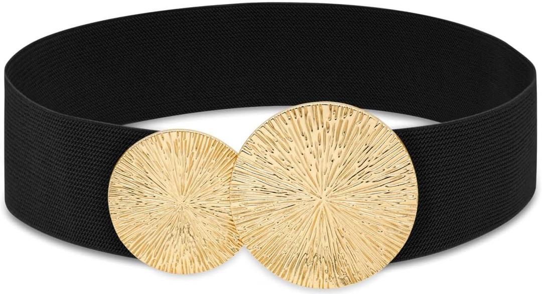 Women Wide Stretchy Waist Belts Elastic Cinch Belt for Dresses (Fit Waist 37"-41", Black Band Gold Buckle)