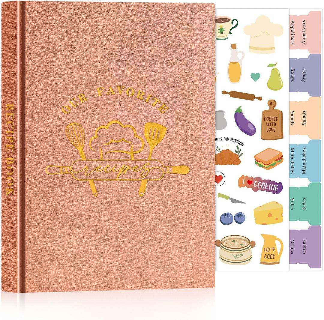 Lanpn A5 Blank Recipe Book Cookbook for 70 Recipes, Leather Cover Waterproof Empty Cooking Journal to Write in Your Own Recipes, Recipe Notebook with Stickers to Organize Your Family Recipes, Rose (Medium (5.9 x 8.7 inch))