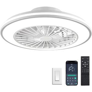 Smart Kids Ceiling Fans with Lights and Remote, Low Profile Ceiling Fan with Light, Flush Mount Bladeless Modern Ceiling Fans, Bedroom Fan bladeless Ceiling Fan (White)