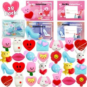 28 Pack Valentines Day Gifts for Kids, Mochi Squishies Toys with Valentines Day Cards for Kids Boys Girls Squishy Stress Relief Toys Party Favors School Classroom Exchange Prizes