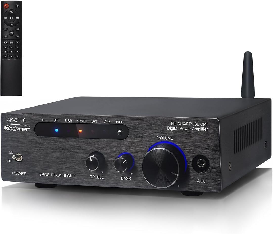 AK3116 Stereo Receivers Amplifier Home Audio, Bluetooth 5.3 Dual TPA3116 Chips Stereo Amplifier 2 Channel 100W x2 Mini Class D Integrated Bluetooth Audio Receiver w/USB AUX Opt Input
