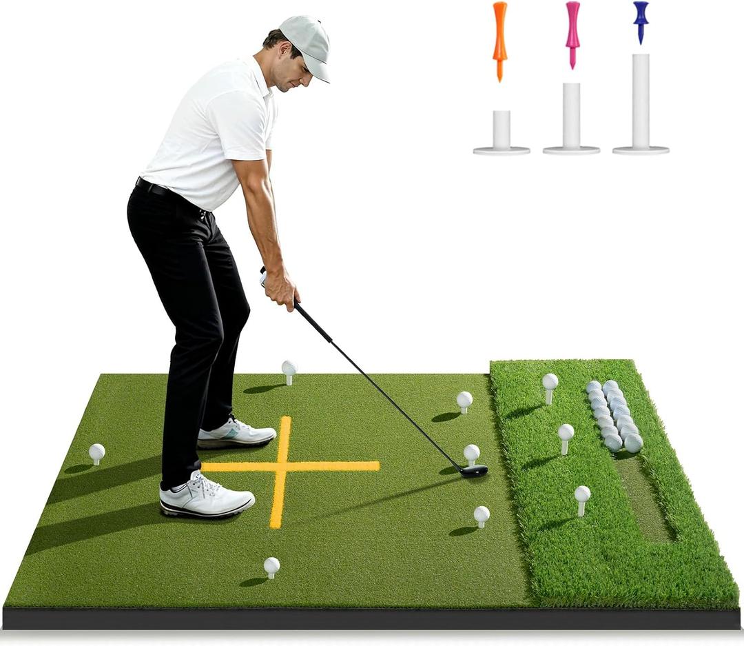 5.2x4ft & 6x4ft 21mm-50mm Dual-Turf Golf Mat with Ball Tray, Thickened Golf Hitting Mat with 9 Hitting Holes, Alignment Aid Practice Mat for Hitting, Driving Chipping, Swinging, Gifts for Men/Dad/Him