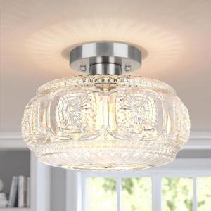 Semi Flush Mount Ceiling Light, Upgraded Larger Brushed Nickel Glass Ceiling Light Fixture, Vintage Lighting for Hallway Kitchen Bedroom Dining Room, Bulb Not Included (11.03 inch, Silver)
