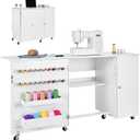 VEVOR Folding Sewing Table, Multipurpose Sewing Machine Table with Cabinet, Compact Design, Wheels, Wooden Pegs, Storage Trays and Shelf, Magnetic Door, Craft Station and Side Desk for Home, White