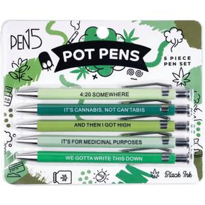 2 x Funny Pot Pens 5-Pack Set, Black Ink Ballpoint Pens with Sarcastic Weed Sayings, Gag Gift for Marijuana Smokers, Father's Day, Stoner Accessories, Office Supplies
