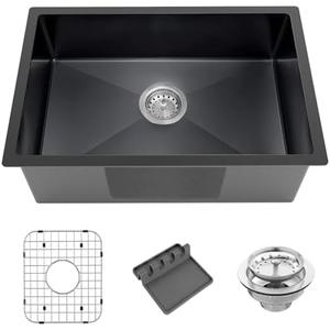 Black Kitchen Sink, Undermount Stainless Steel Bar Sink 27x18x9 Inch Drop In Single Bowl Kitchen Sink With Accessories-Sink Grid, Spoon Rest, Drain Assembly Set For Modern Kitchen Sink