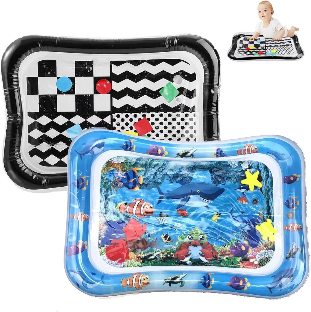PandaEar 2-Pack Tummy Time Water Mat for Baby 3-36 Months - High Contrast Black & White + Ocean Sensory Play Mat - BPA-Free Leak-Proof Inflatable Infant Toys for Brain Development & Motor Skills