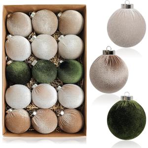 EMORBALS Green Velvet Christmas Ornaments, 15 Pcs Non Breakable Balls Ornaments for Christmas Tree, Neutral Xmas Decorations, 3.15inch 80mm