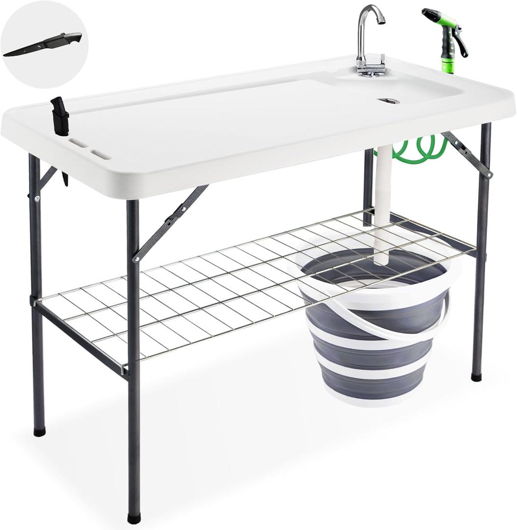 Folding Fish Cleaning Table with Collapsible Bucket, Portable Outdoor Fillet Station Camping Sink Table with Faucet, Drainage Hose & Sprayer, Grid Rack, Knife Groove for Picnic Fishing
