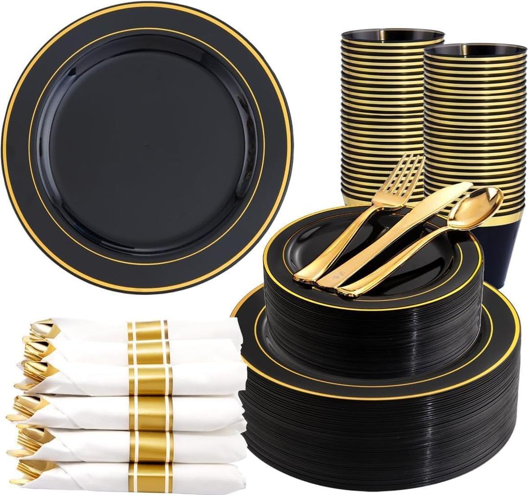 350 Pieces Black and Gold Plastic Plates with Disposable Silverware, Include 50 Dinner Plates 9, 50 Dessert Plates 6.3, 50 Black Cups 9 OZ, 50 Pre Rolled Napkins for Wedding Party Graduation