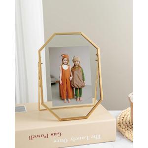 5x7 Gold Floating Picture Frame, Octagon Tempered Glass Floating Frames for 3.5 x 5, 4 x 6 Photo, Tabletop Picture Frame for Office and Home Decor