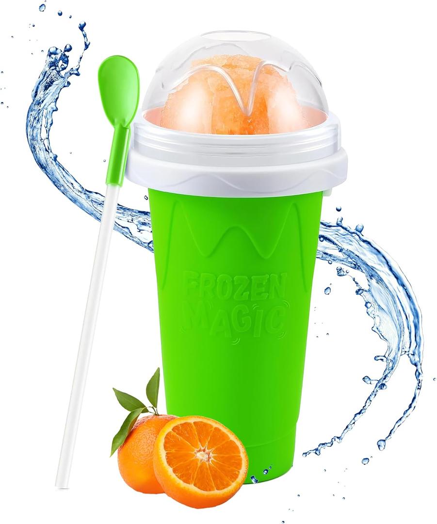 4 x Slushy Cup & Slushy Maker, Portable Smoothie Slushie Squeeze Cup for Juices, Milk and Ice Cream Make, Double Layers Silica with Lid & Straw for Kids, Friends & Family (GREEN, STANDARD SIZE)