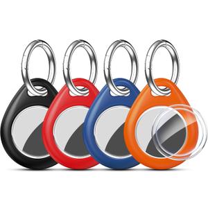 RFUNGUANGO Compatible AirTag Holder Air Tag Keychain Protective Case - 4 Pack Air Tag Protective Case with Metal Keychain for Kids, Pets, Luggage, Backpacks, Keys, Black,Orange,Blue,Red