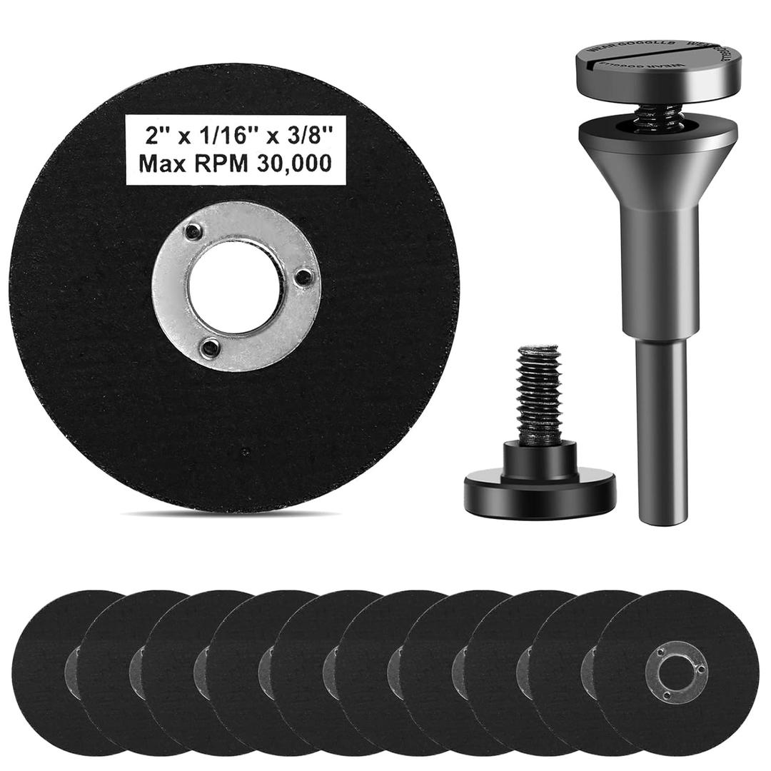 SI FANG 2 Inch Die Grinder Cut-Off Wheel and 3/8in Arbor Hole 1/4in Stem Mounting Mandrel Holder Accessories, for Air Grinders Drill Rotary Tool, Mini Metal Cutting Wheels Cutter Discs, 11 Pack Set