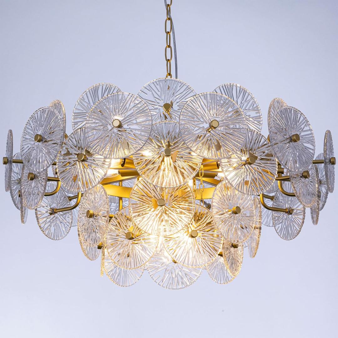 TOCHIC Modern Glass Chandelier for Dining Room, 31.5" Luxury Gold Chandelier 12 Lights Farmhouse Chandeliers for Bedroom, Foyer Hanging Chandelier Light Fixture for Living Room Kitchen Entryway