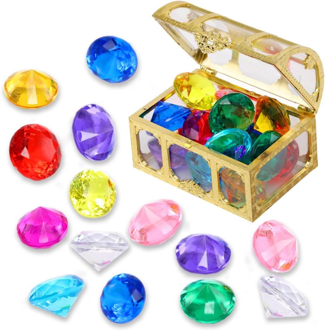 XIJUAN Diving gem Pool Toys Sand Toys,14 Color Diamond Treasure Chest Summer Swimming gems Pirate Diving Toy Set Underwater Swimming toyChildren's Game Gifts for Boys and Girls(Golden)