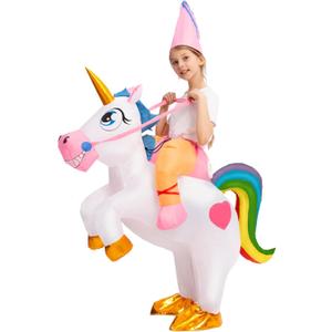 Spooktacular Creations Kids Inflatable Halloween Costume, Riding a Unicorn, Colorful Air Blow-up Set with Hat Hallowen Party (White)