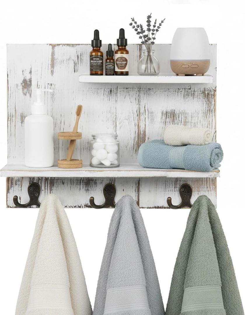 MyGift 2 Tier Wall Mounted Shabby White Washed Solid Wood Bathroom Storage Shelves, Decorative Entryway Floating Shelf Rack with 6 Hooks for Hanging Towels