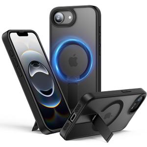 for iPhone 16e Case with Stand, Fit for MagSafe, Slim Translucent Matte Military-Grade Drop Protection Magnetic Kickstand Phone Cover, Black