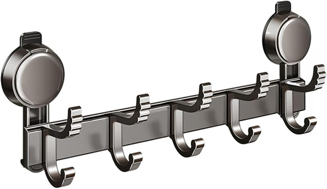 Suction Cup Hooks for Shower,15.7'' Coat Hooks Wall Mount with 5 Hooks,No Drilling Reusable Metal Wall Hooks for Hanging Bathroom Kitchen Entryway Coats Towels Bags (1 Pack)